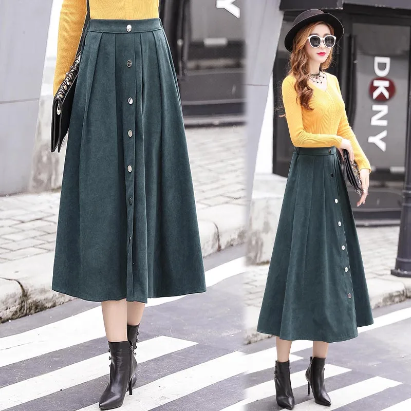 

2019 Autumn Pleated Skirt Fashion Single-breasted Women Skirt Mid-length High Waist Skirts Multi-color A-Line Skirts