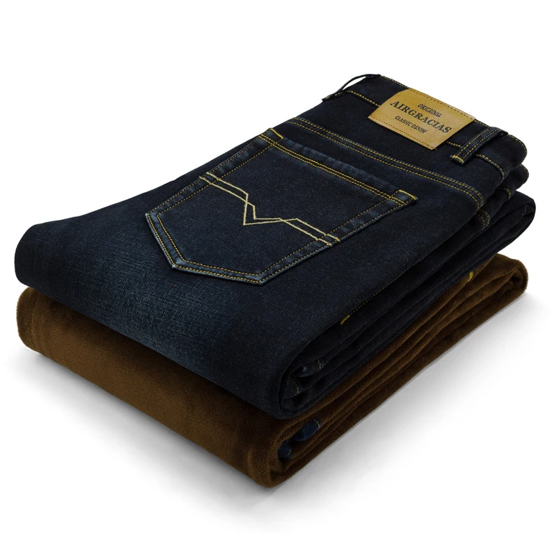 2019CHOLYL высококачественные новые мужские теплые джинсы высокого качества Известные бренды осенние зимние джинсы утепленные флисовые мужские джинсы длинные брюки - Цвет: black blue