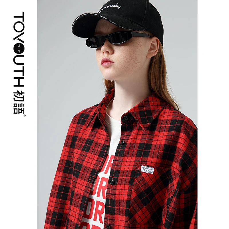  Toyouth Fashion Women Plaid Long Sleeve Blouses and Shirts Casual Turn Down Collar Hit Color Shirts