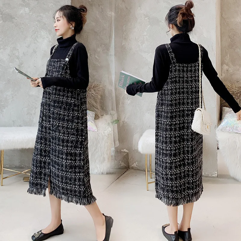 

Pregnant Women Autumn Clothing Dress Autumn Fashion Mom 2019 New Style High Collar Sweater Woolen Vest Dress Two-Piece Set