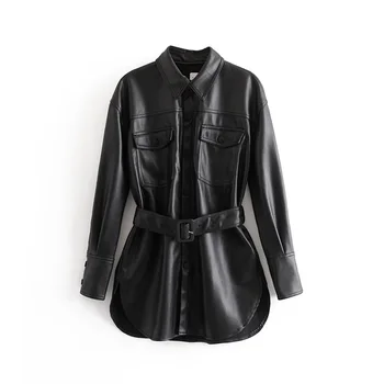 

VomVoa 2019 New Ladies Fashion Faux Leather Jacket Elegant Lapel Belt Buttons Slim Long Black Solid Color Plus Velvet