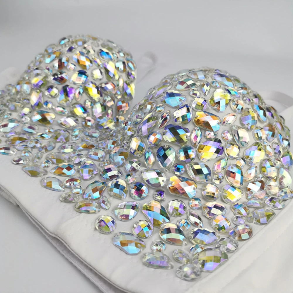 IRENE TINNIE Handmade Shiny Rhinestone Crop Top Shining Tank Top Backless Vest Sexy Bra Party Nightclub  Vest
