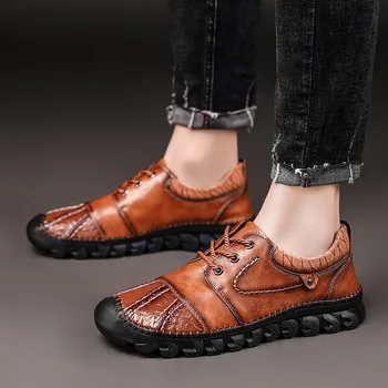 

Genuine Leather Men Casual Shoes lace up handmade sewing Luxury Italian Handmade Leisure Fashion Sneakers shoes big size 48