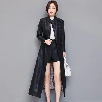 

Women 2019 Autumn Winter Faux Leather Jacket With Belt Plus Size Ladies Casual PU Leather Trench Coats Female Long Overcoats T88