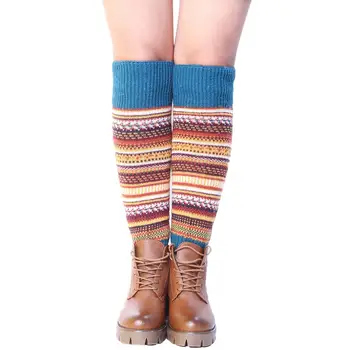 

Women Striped Ethnic Knitting Wool Footless Leg Warmers Knee High Boot Socks Leg Warmers Womens Socks Hosiery