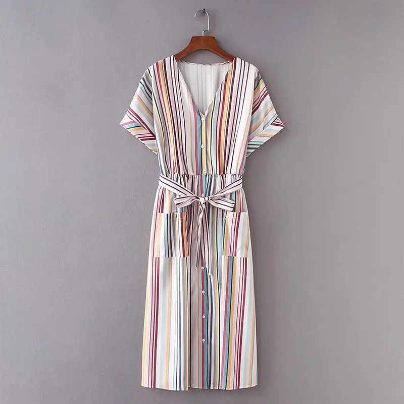 

2018 Spring And Summer Europe And America Women's Dress Multi-color Stripe Mid-length Lace-up Dress 18055