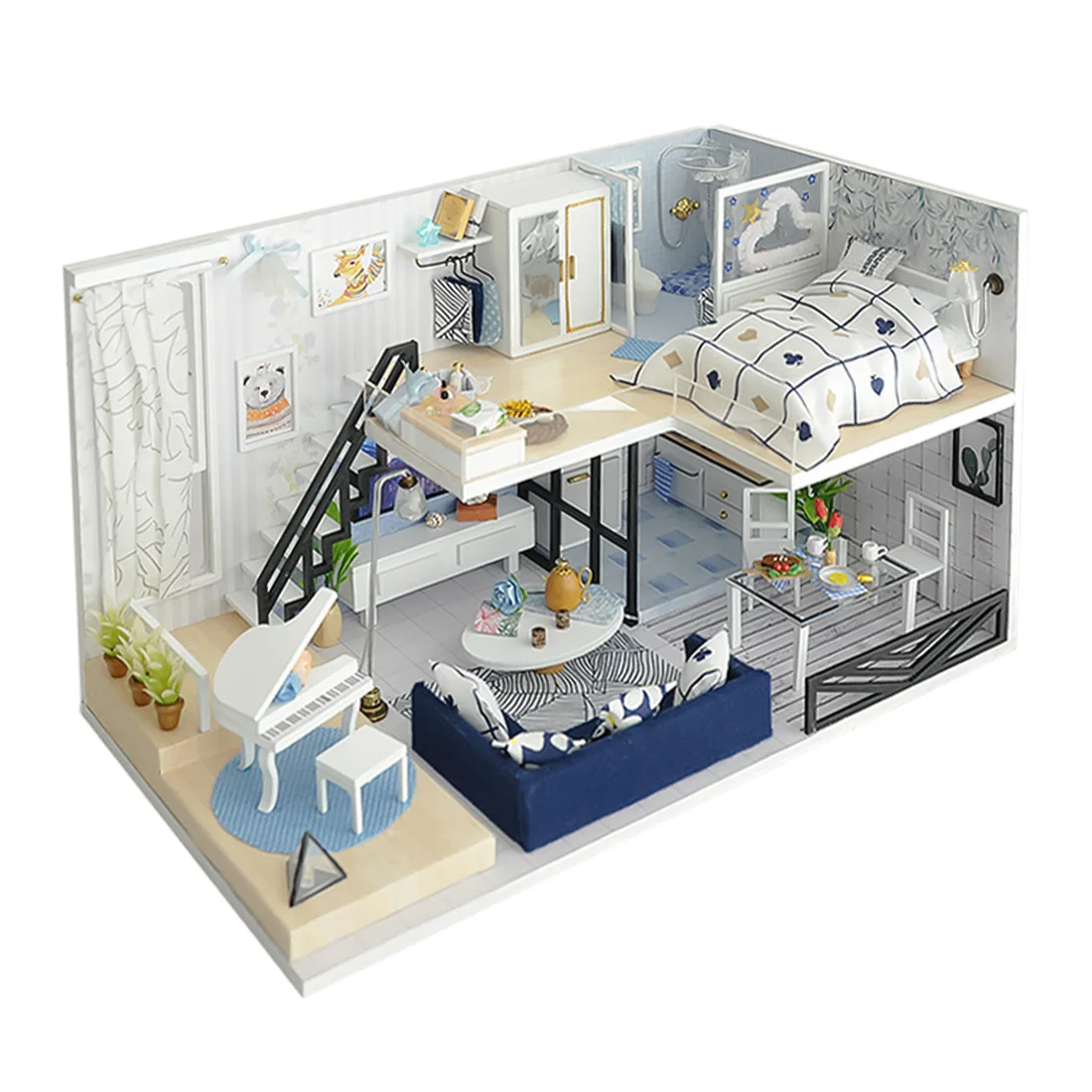 

DIY Modern Loft Style Assembly Cabin Wooden Doll House Crafts Handmade House Model Gift With LED Light Dust Cover Music Toy Gift