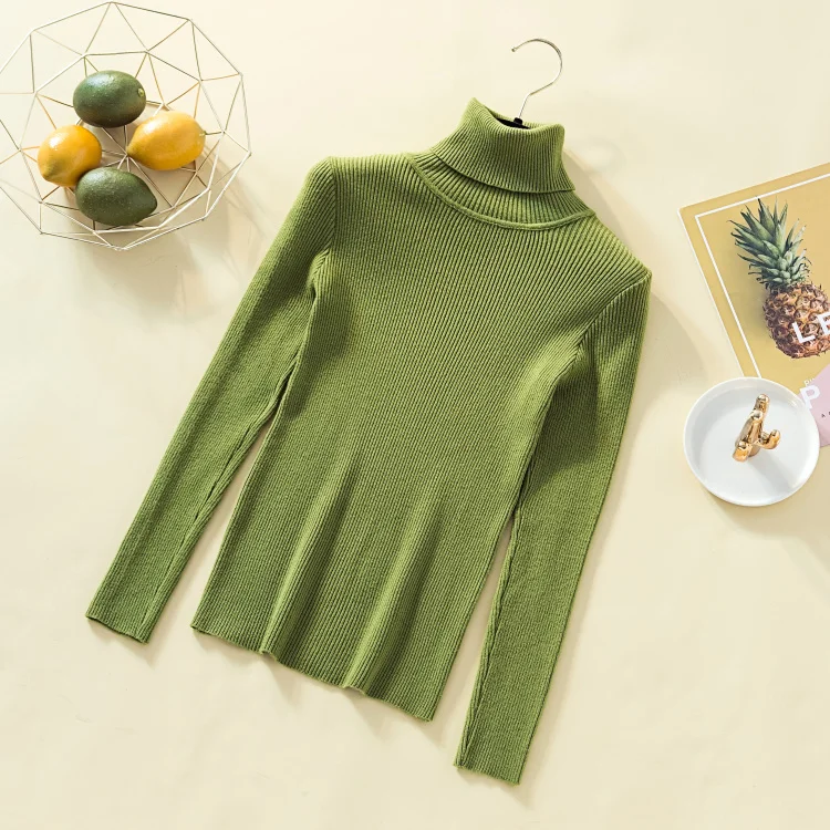 Свитер с высоким воротом, женские пуловеры, однотонный Повседневный мягкий вязаный свитер, женский сексуальный эластичный вязаный джемпер с длинным рукавом на осень и зиму - Цвет: Зеленый