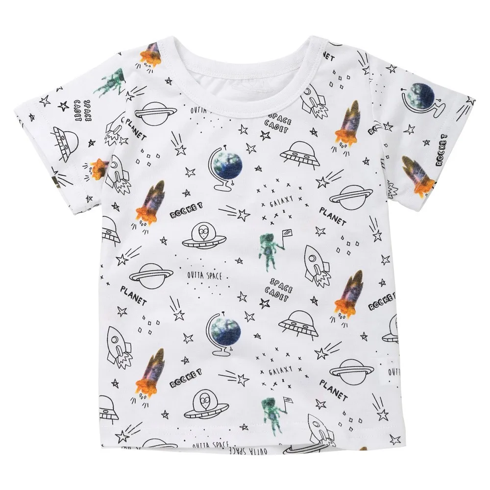 Космическая ракета, с буквенным принтом, милая модная летняя детская футболка с буквенным принтом для мальчиков и девочек топы, футболки, F5