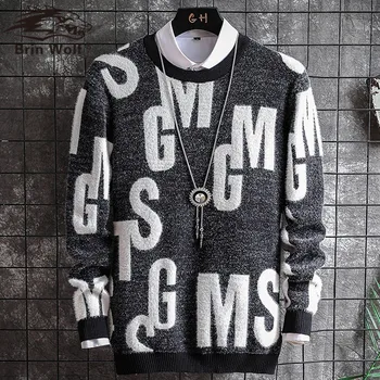 

100% Nylon Sweater Streetwear Men Letter Hip Hop Knitted Sweater Pullover Checkered Autumn 2019 Retro Sweater Street Style