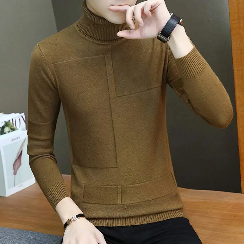 caramel colour Теплый брендовый осенний мужской Модный повседневный мужской свитер, Мужской пуловер с высоким воротником, Однотонный свитер, M-3XL - Цвет: caramel colour