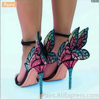 

Luxury Rhinestone Butterfly Angel Wings Lady Sandals Crystal Embellished Stiletto Party Dress High Heels Buckle Strap Pumps