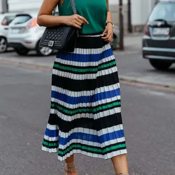 

Women Striped Pleated Skirt Summer New High Waist Chiffon Skirt Fashion Loose Mid-length Skirts hot sale