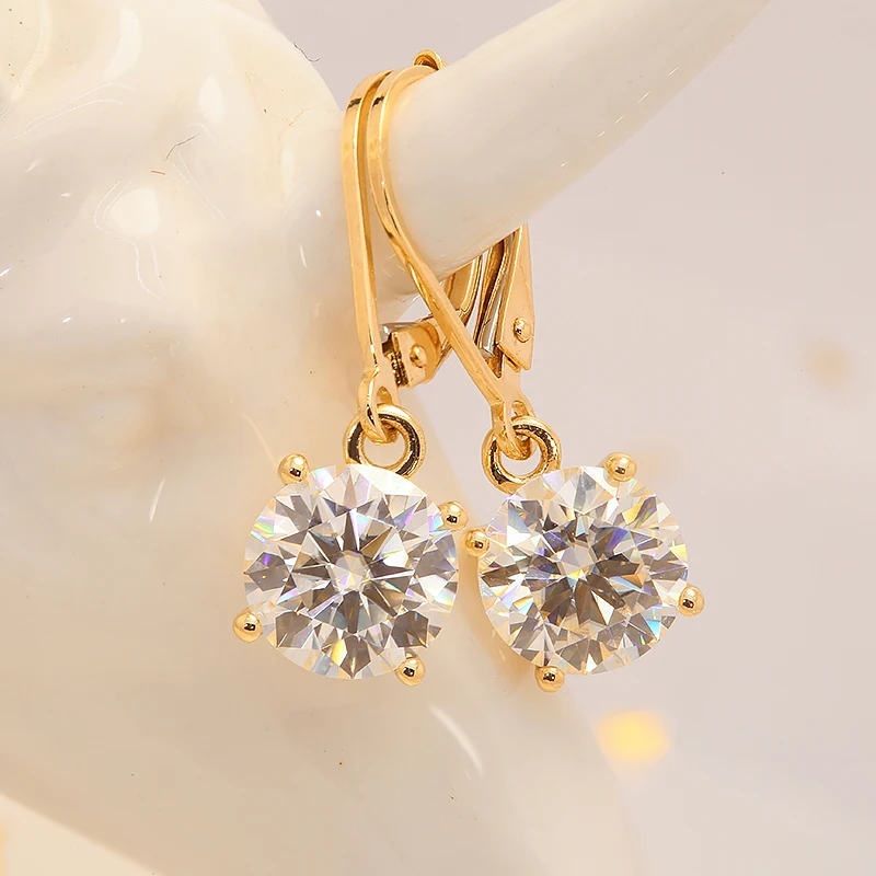 100% Au585 Yellow Gold 14k Moissanite Gemstone Drop Earrings 4.0CT 10MM Round for Women Solitaire Party Fine Jewelry