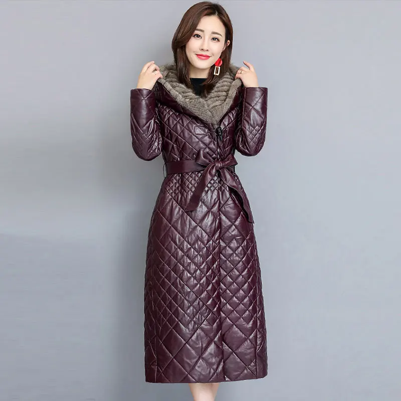 Red wine Luxury Fashion Down Jacket Women's Clothing Hooded Mink Fur Collar Leather Jacket Female Waist Slim Long Down Coat Women - Цвет: Red wine