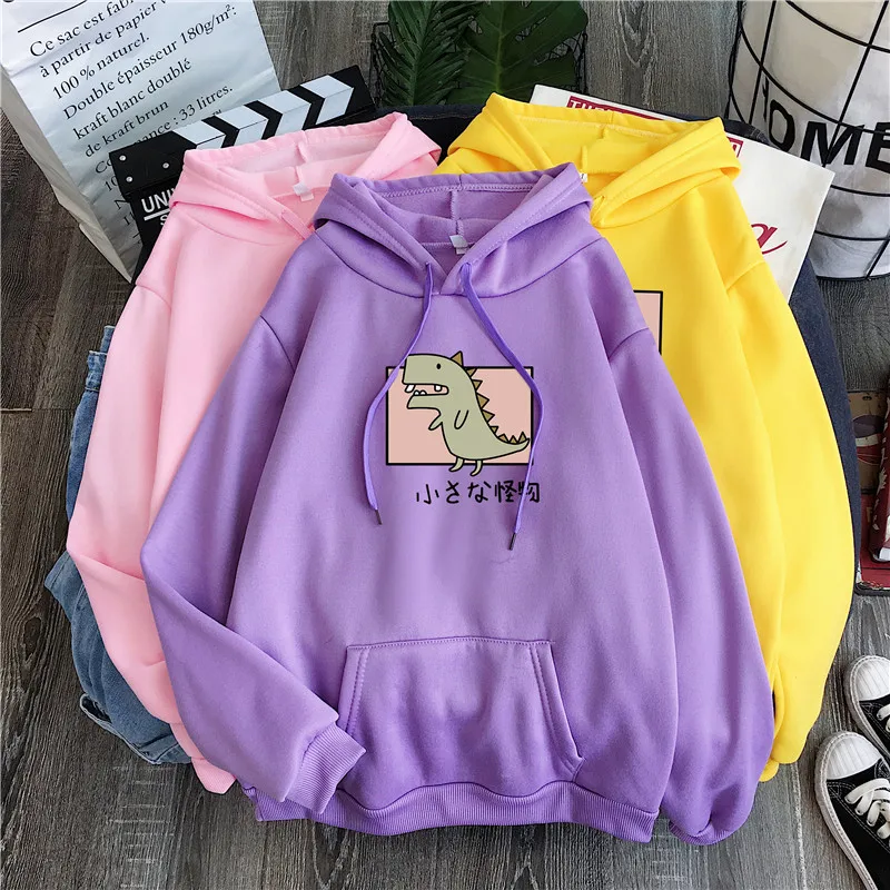 2020 Harajuku Толстовка с капюшоном длинными рукавами и динозавром Kawaii флисовые