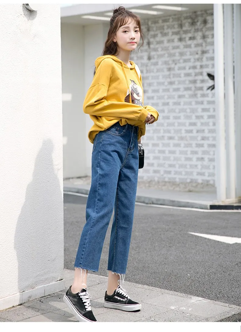 Women Autumn Wide Leg Boyfriend Jeans Casual Ankle-Length Trousers Loose Button Straight Denim Harem Pants