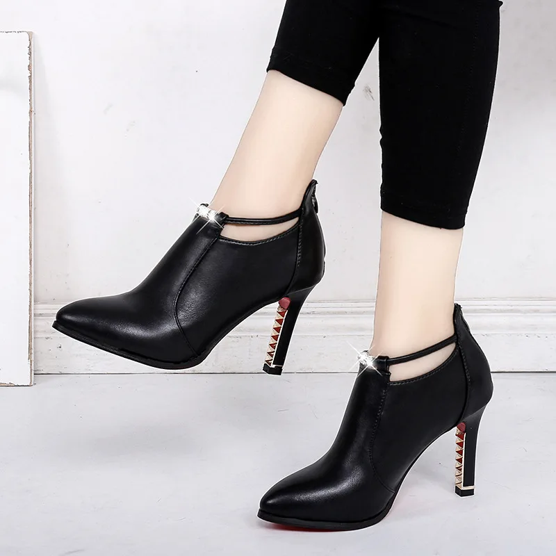 

2019 Women's shoes High heel women Martin boots autumn new pointed female stiletto black ladies fashion boots leather shoes