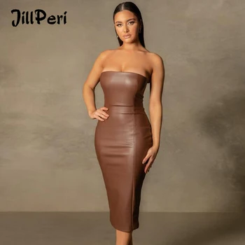 JillPeri Strapless Stretch PU Bodycon Midi Dress Sexy Back Slit Black Chocolate Solid Elegant Outfit Party Leather Dress 1