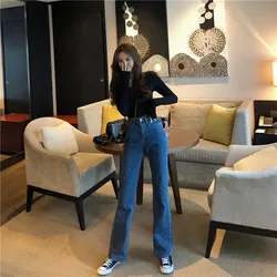Nova primavera outono das mulheres de cintura alta calças jeans mulher perna larga solto ajuste lazer vogue denim comprimento total reta harajuku jeans
