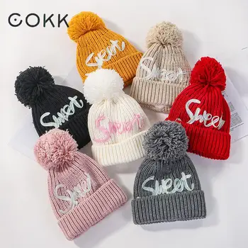 

COKK 2020 New Korean Women Winter Hat Fashion Letter Sweet Knitted Cap With Pompom Beanies Thick Velvet Keep Warm Beanie Snow