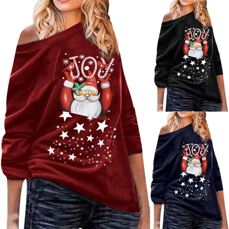 

1PC 2020 Christmas Blouse Women Santa Tops Ladies Party Tunic Blouses Pullover Shirt Womens Tops And Blouses Off Shoulder Blouse