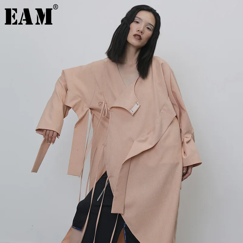 

[EAM] Women Bandage Split Big Size Trench New Round Neck Long Sleeve Loose Fit Windbreaker Fashion Tide Autumn Winter 2019 1H266