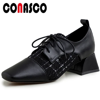 

CONASCO Woman Pumps Concise Casual Office Spring New Genuine Leather Gingham Knitting Cross-Tied Square Toe Lace-Up Shoes Woman