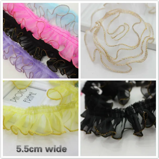 

5.5cm Wide Pleated Gold Wire Fungus Side Tulle Lace Fabric DIY Original Skirt Trim Hat Tiara Accessories Toy Pet Clothing Sewing