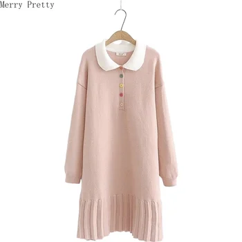 

Women Knitted Dress Long Sleeve Turndown Collar Sweater Dress 2020 Hight Waist Mini Straight Dress Ladies Pullover Sweater Dress