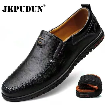 JKPUDUN-zapatos de cuero genuino para hombre, mocasines formales informales sin cordones, de marca de lujo, italianos y negros, 2021