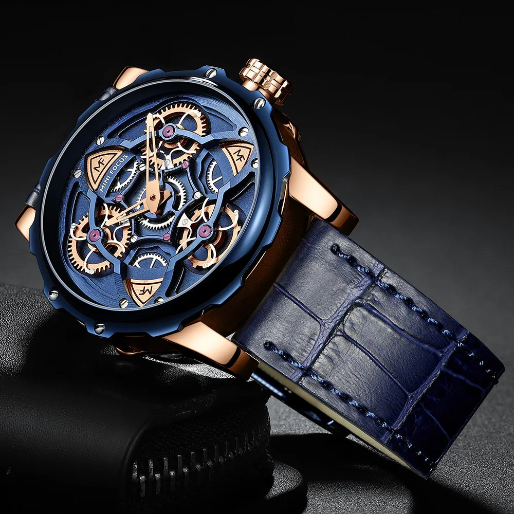 

Mini FOCUS Brand MEN'S Watch Machinery-Style Gear Spinner Japan Movement Vertical Letters Surface Leather Watch Strap 0249G