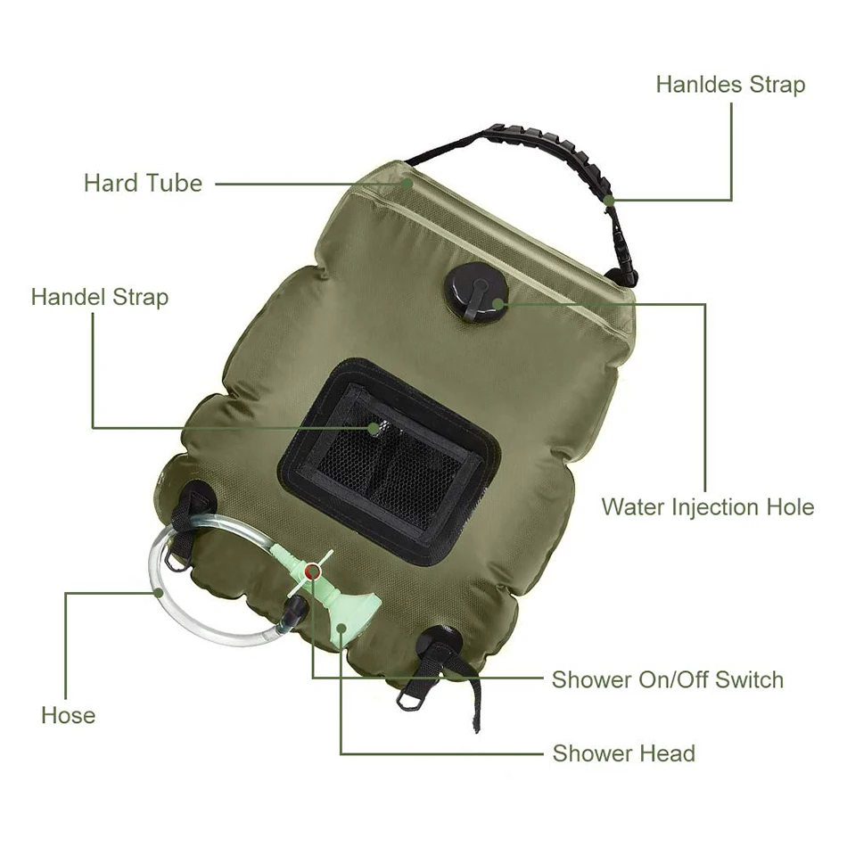 Solar Shower Bag Camping Shower 20L Solar Heating Bag with Removable Hose and On-Off Switchable Shower Head Outdoor Shower Bag