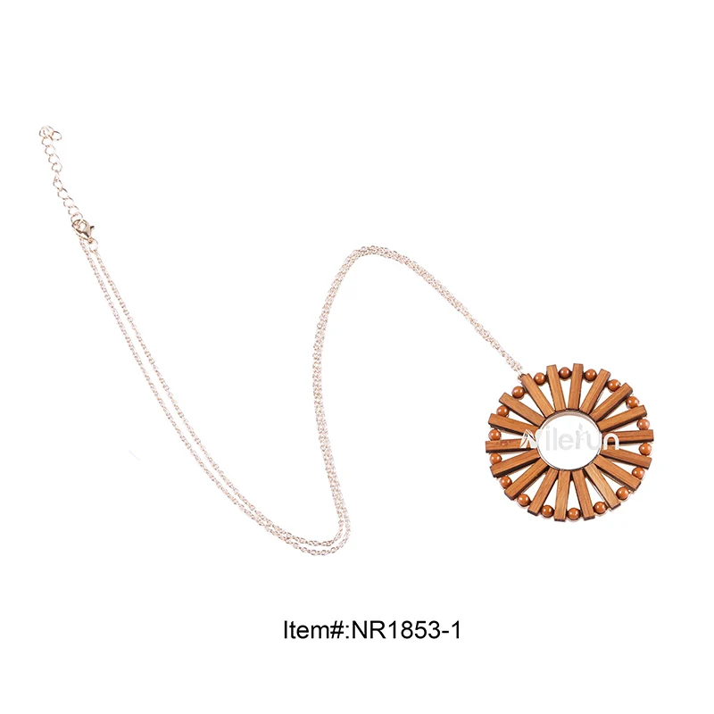 

Simple radial geometric round hollow alloyed metal bamboo wood charm necklace long sweater chain bamboo pendant necklace