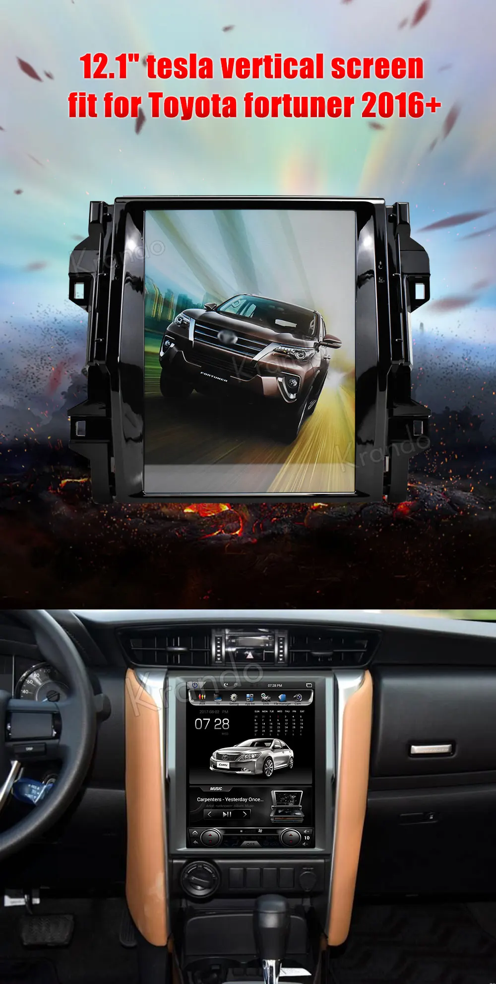 Perfect Krando Android 7.1 12.1" Tesla Vertical touch screen car dvd radio player for Toyota Fortuner 2016+ navigation system bluetooth 0