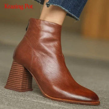 

Krazing pot korean girls natural leather high street fashion gorgeous round toe thick high heel zipper gladiator ankle boots L19