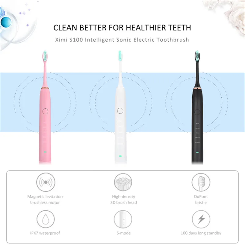 

Ximi S100 Sonic Electric Toothbrush Timer Waterproof Design With 5 Modes 2 Brush Heads High-Frequency IPX7 Waterproof Toothbrush