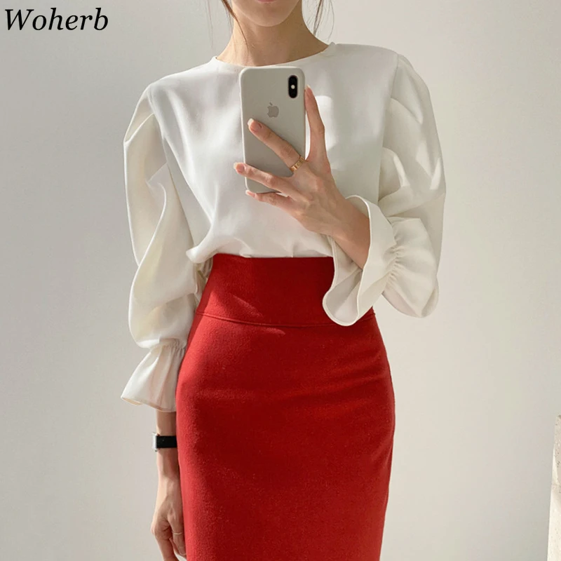 

Woherb Elegant Solid Blouse Women Pleated Long Lantern Sleeve Office Lady Shirt