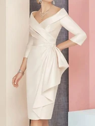 2021 Sheath Mother of the Bride Dress Plus Size V Neck Knee Length Satin 3/4 Sleeve with Sash Wedding Guest Gowns