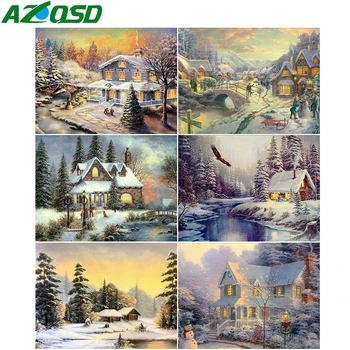 

AZQSD Diamond Painting Mosaic Winter House Cross Stitch Kits Handmade Craft Diamond Embroidery Sunset Landscape Home Decor