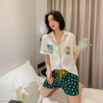 

New Print Female Pajamas Set Short Sleeve Women Pijama Suit Stain Silky 2 PCS Shirt&Shorts Casual 2PCS Sleepwear Home Clothes