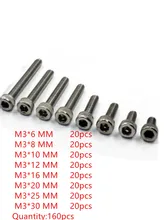 160 parafusos de aço inoxidável m3 allen encanta o prendedor de parafuso m3 * 6mm/8mm/10mm/12mm/16mm/20mm/25mm/30mm