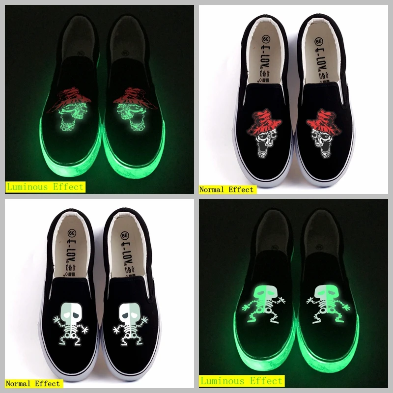 

E-LOV Personality Luminous Flat Canvas Shoes Custom Glow Effect Monster Print Casual Loafers Flat Slip On Design Halloween Party