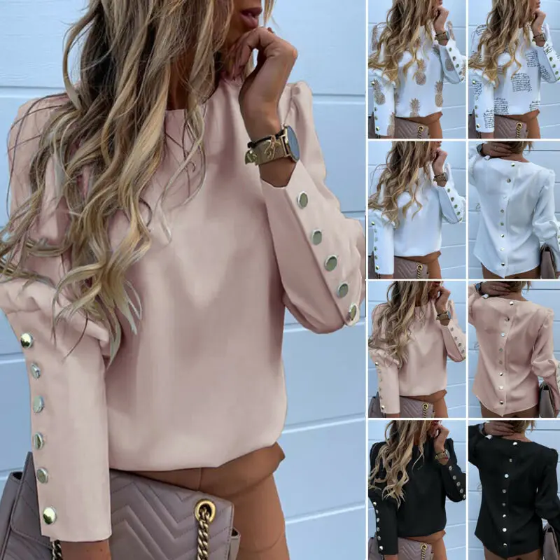 

Spring Autumn Button Down Casual Long Sleeve Blouse Women Metal Button Print Plain Shirt O Neck Plus Size XXXL