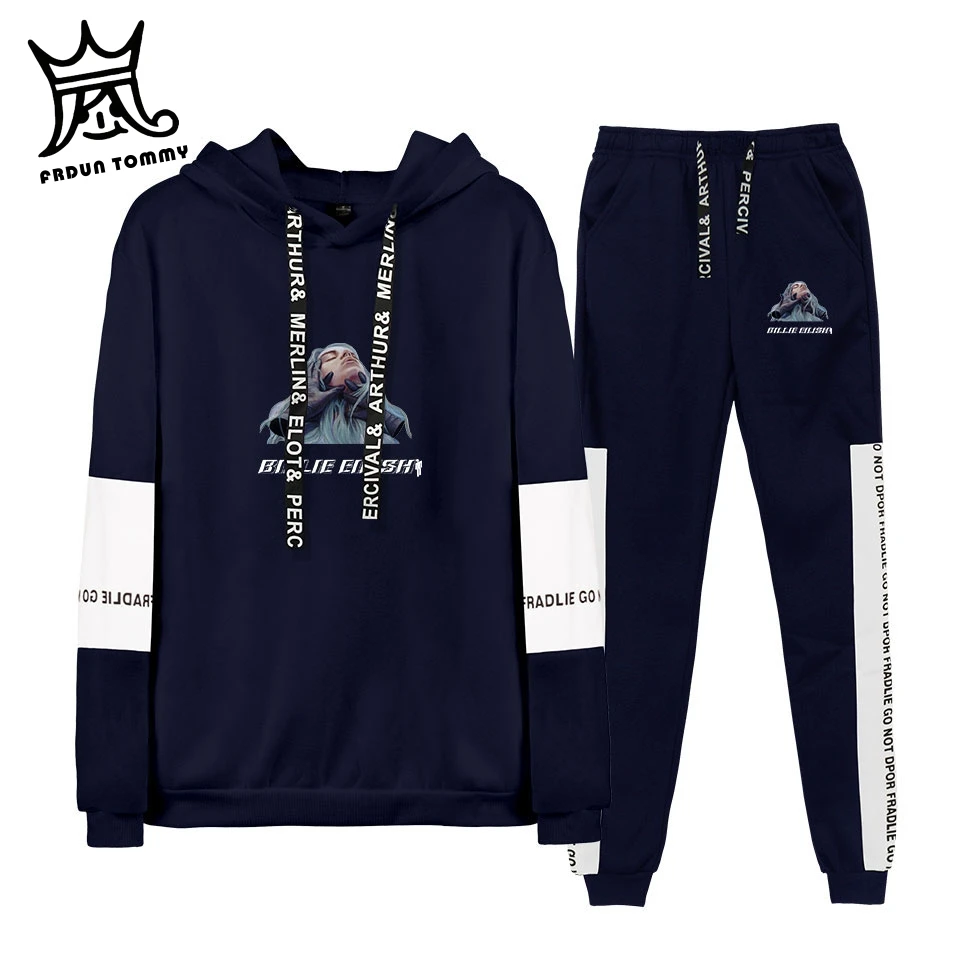 FRDUN/ осень/зима Billie Eilish горячая Распродажа толстовки/спортивные штаны для мужчин комплект из двух предметов с капюшоном бархатный костюм 4XL