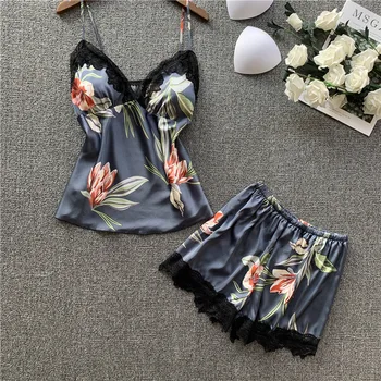 

Woman Sexy Silk Sleepwear Pajama Set Floral Satin Sleepwear Women Lace Summer Pyjama Femme Pajamas with Chest Pad Sleep Lounge