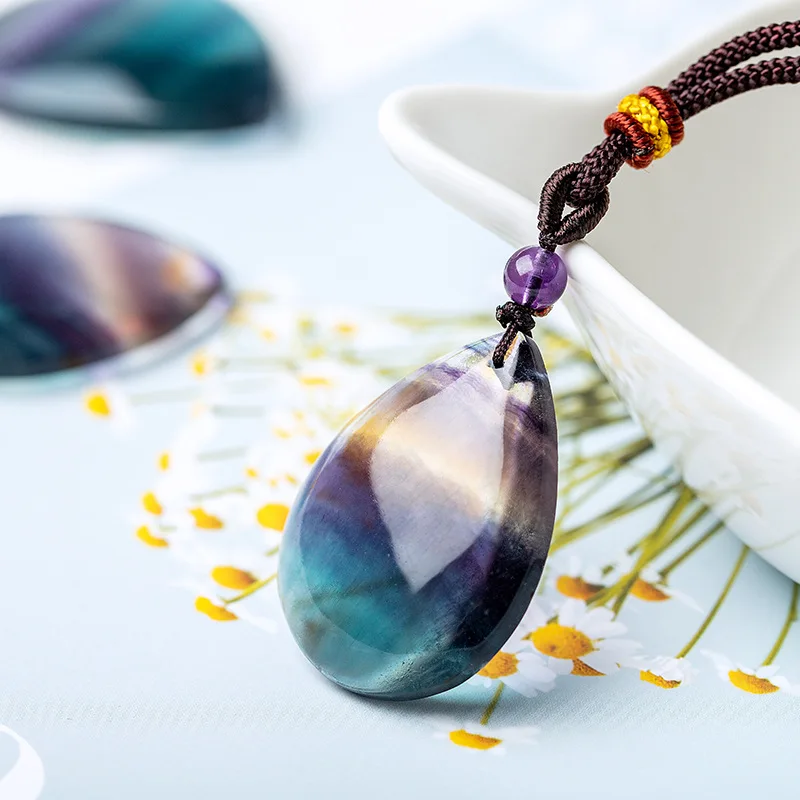 100% Natural Fluorite Water Drop Pendant Green Purple Colorful stone Reiki Healing Crystal Pendulum Rope Silver Clavicle Chain