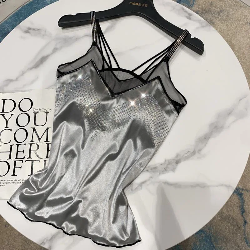 

Hot drilling Summer Tank Top Tube Top Women Silk Satin Camisole Plain Vest Sleeveless Blouse Casual