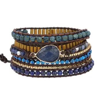 

Lapis Lazuli Lava Hematite Stone Beadwork Leather 5 Wrap Stackable Bracelet with Stainless Steel Box Chain