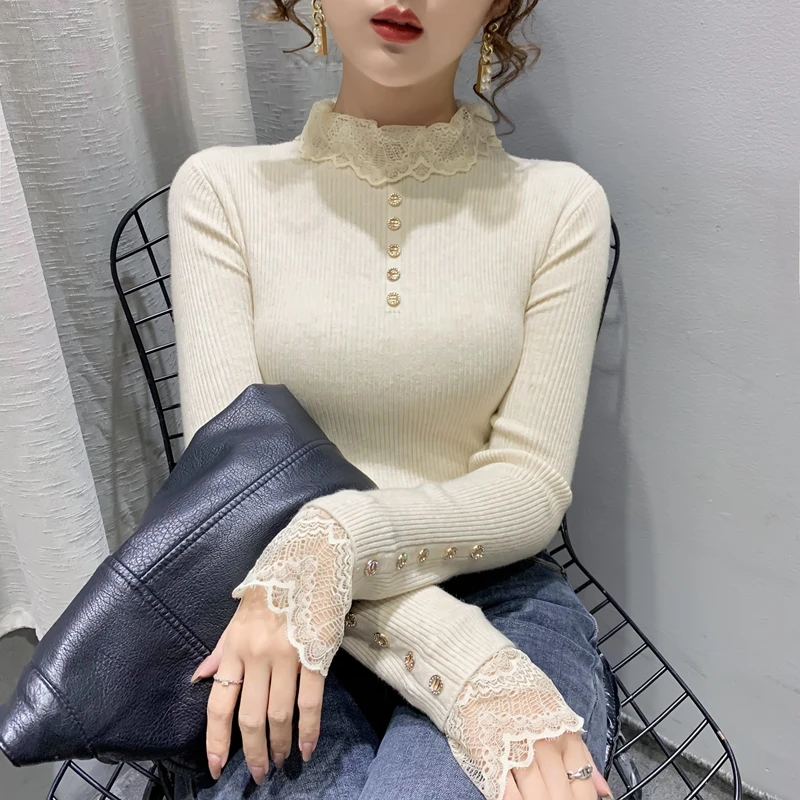 

Room 215996, row 3, No. 6 lower] real shooting lace button half high neck knitted bottomed shirt [2000] 35
